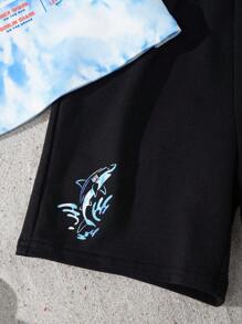 Shark Week X SHEIN Young Boy Shark Print Tie-Dye Blue Short Sleeve T-Shirt & Black Shorts Sports Casual 2 Pieces Set - Blue - View 4