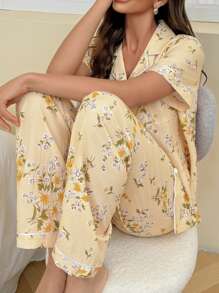 CottageSlumber Flower Print Lapel Collar Short Sleeve Pajama Set - Yellow - View 6