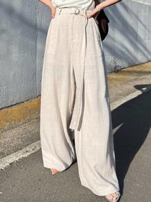 FRIFUL 女士纯色腰带装饰直筒休闲裤，适合毕业、度假、商务、休闲 - 杏色 - 查看 4