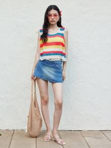 Celisse Top sin mangas de punto a rayas, suelto y con diseño calado, casual, de moda, lindo, tipo camisola, de colores, para vacaciones en la playa, verano