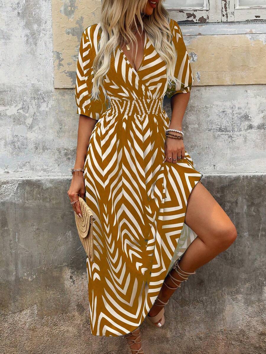 SHEIN Clasi 女士连衣裙（随机印花），夏季几何印花通勤连衣裙长款女装 - 棕色 - 查看 1