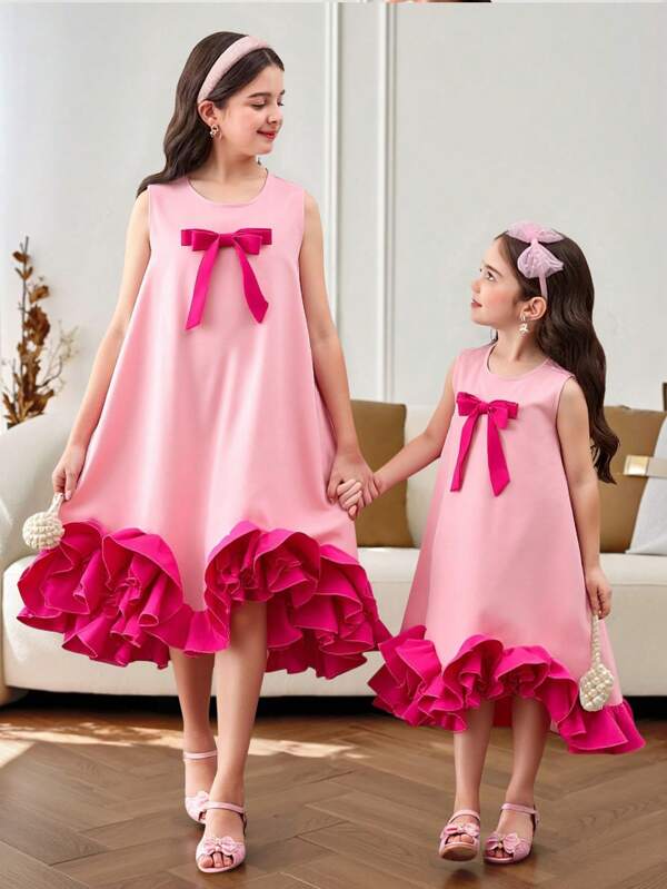 SHEIN Tween Girls Solid Crew Neck Contrast Bow Ruffle Hem Loose A-Line Dress, Suitable For Graduation