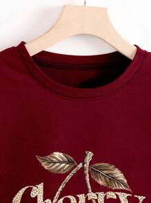 Kaos Wanita Ukuran Besar Lengan Pendek Leher Bulat Motif Ceri & Leopard - Burgundy - View 3
