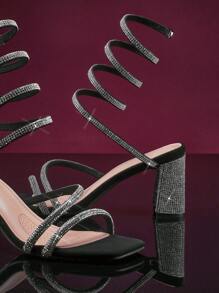 SHUZIA Now Women's Block Heel Rhinestone Coil Wrap Black Sandals - Spring 2025 Wedding Party Shoes | Square Toe Dressy Slip-On Essential - Black - View 5