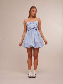 WESTFADE Frühlings Nylon süßer herzförmiger Ausschnitt Schleife Vorderseite Spaghettiträger Bubikragen Mini Kleid Sommer Urlaubsoutfit - Blau - Übersicht 1