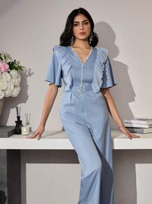 Modelyn Women's Solid Color Mesh Splice Faux Pearl Webbing Belt Jumpsuit - Blue - View 7