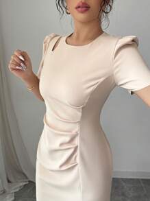 Elenzga 女士纯色圆领短款泡泡袖优雅镂空肩部连衣裙 - 杏色 - 查看 4