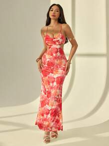 SHEIN PETITE 露背珊瑚橙色女士长款鱼尾连衣裙，交叉肩带，适合度假、海边、适合夏天