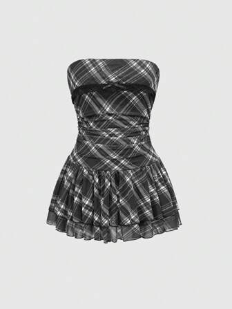 J-Fashion Vintage Sweet Plaid Printed Mini Dress