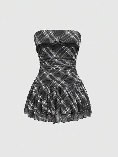 J-Fashion Vintage Sweet Plaid Printed Mini Dress