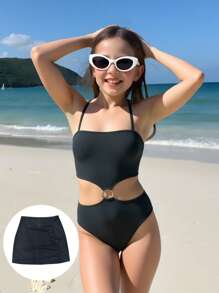Tween Mädchen Badeanzug, Einfarbig, mit Ausschnitten, mit Cover-Up-Rock für den Strandurlaub