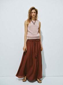 Lumivelle Ribbed Trim Sleeveless Crew Neck Simple Knit Top - Apricot - View 5