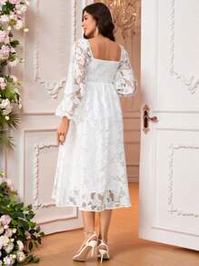 Loomaby Pregnant Women Floral Jacquard Mesh V-Neck Lantern Sleeve Elegant Maternity Dress Baby Shower Maternity  Maxi Dresses Classy Outfits Fairycore