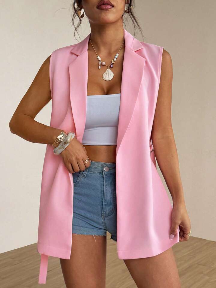 Calvaya Women Solid Color Distressed Side Knot Design Suit Vest