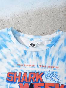 Shark Week X SHEIN Young Boy Shark Print Tie-Dye Blue Short Sleeve T-Shirt & Black Shorts Sports Casual 2 Pieces Set - Blue - View 3