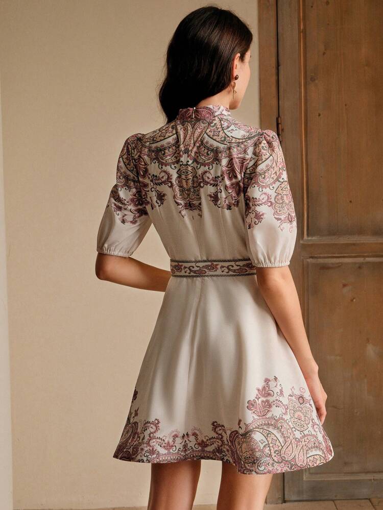 Women's Paisley Print Waist Cinched Short Sleeve Vacation Dress