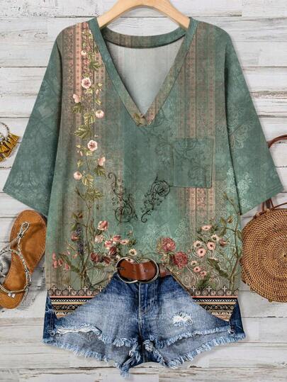 EMERY ROSE Plus Size Casual Floral Print Minimalist T-Shirt, Suitable For Summer