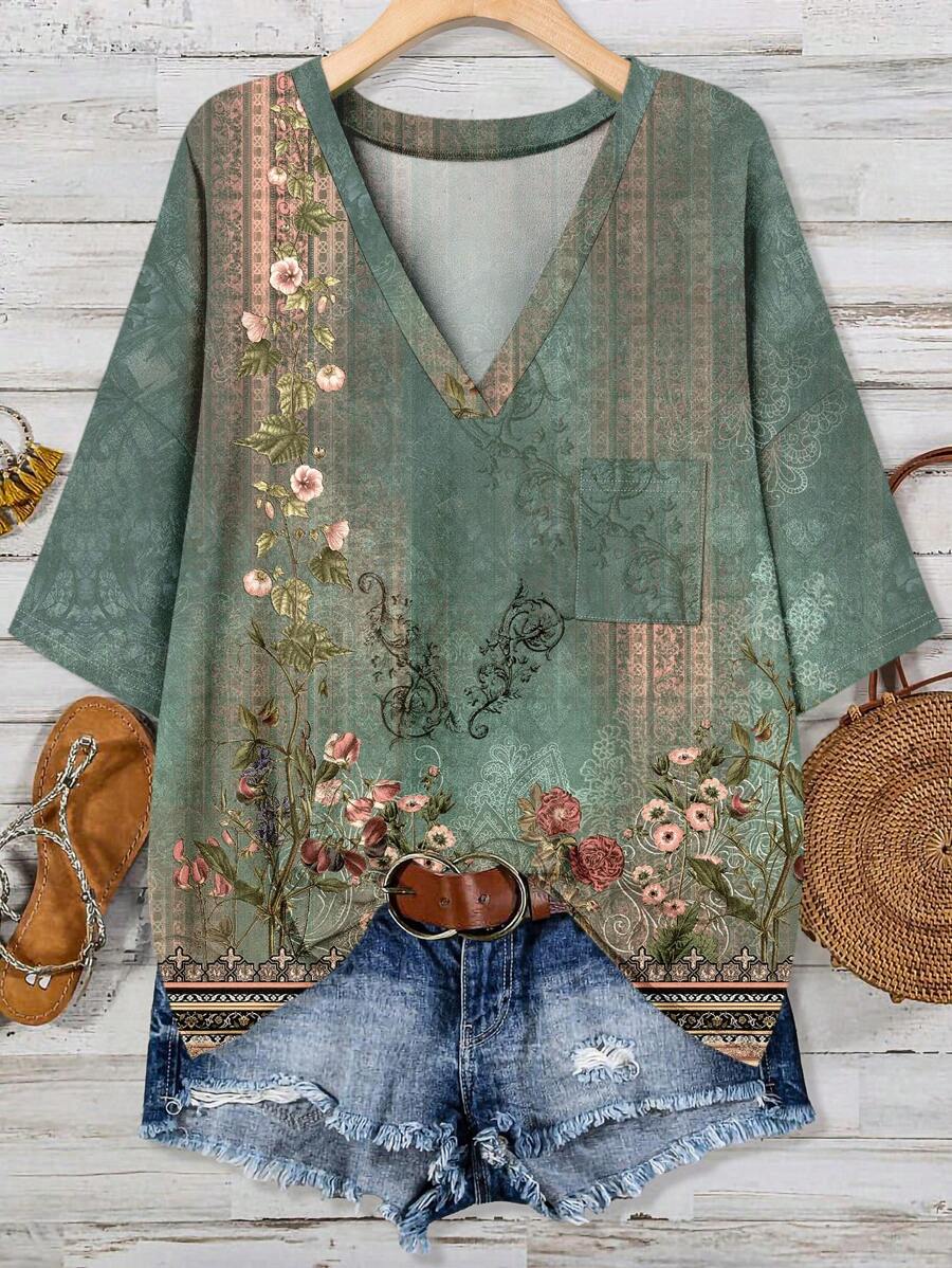 EMERY ROSE Plus Size Casual Floral Print Minimalist T-Shirt, Suitable For Summer