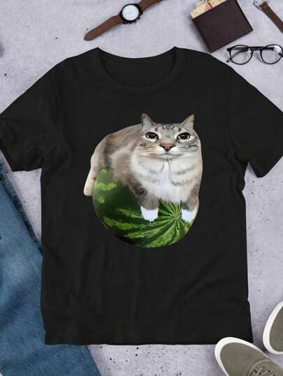 Plusstorlek Dam Casual Katttryck Kortärmad Rund Hals T-shirt