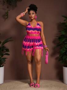 大码针织上衣和短裤套装，夏季时尚 - 玫紅色 - 查看 7