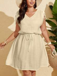 SHEIN Swim Curve 大码女式纯色连体抽绳腰休闲海滩度假时尚连体衣