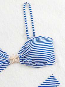 SHEIN 2pcs Women Summer Sexy Blue & White Striped Bandeau Bikini Set, Special Fabric - Blue and White - View 4