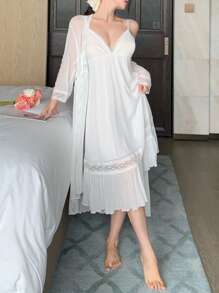 DAZY 浪漫网眼蕾丝拼布睡袍套装，带吊带睡袍，女士睡衣套装 - 白色 - 查看 4