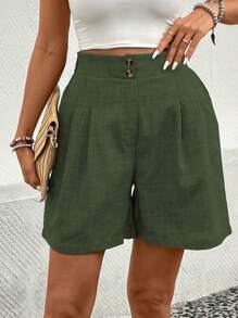 SHEIN LUNE Women's Solid Color Pleated Pockets Loose Casual Shorts Green Summer - Army Green - View 3