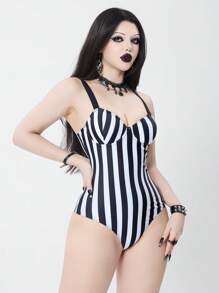 ROMWE Goth Gothic Striped Print Push-Up Underwire One-Piece Swimsuit, Halloween