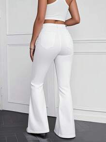 SHEIN ICON 大码简约休闲纯色斜口袋牛仔喇叭裤 - 白色 - 查看 2