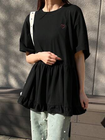 FRIFUL Women Loose Fit Round Neck Ruffle Trim Heart Embroidered T-Shirt