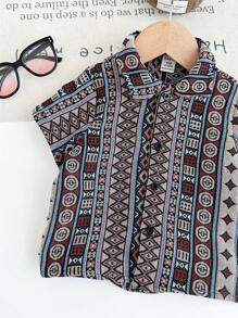 SHEIN LMoss Kids Baby Boy Cute Versatile Geometric Pattern Short Sleeve Shirt, Summer - Multicolor - View 6
