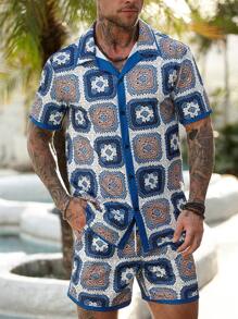 Manfinity RSRT Men's Summer Shirt Set - Bohemian Beach Shirt, Vintage Style, Perfect Gift Men Beach Wear Sets Beach Clothes For Men's Beach Shirts Men's Vacation Clothes Men's Beach Outfits, Summer Men's Hand-Hooked Jacquard Fabric Bohemian Style Fake Shirt Set, INS Versatile Item INS - Multicolor - View 6