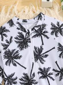 SHEIN 幼儿男童泳衣套装，可爱卡通恐龙印花长袖泳衣带防晒帽，适合暑假、海滩、冲浪、水上乐园 - 彩色 - 查看 3