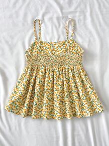 SHEIN Leap Crew 少女黄色褶皱格子樱桃水果印花荷叶边吊带背心，适合度假、节日、午餐、音乐节以及春夏季节 - 黃色 - 查看 2
