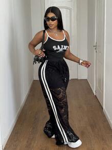 Maweii Plus Size Women's High Waist Lace See-Through Pants Fall Cloth For Women