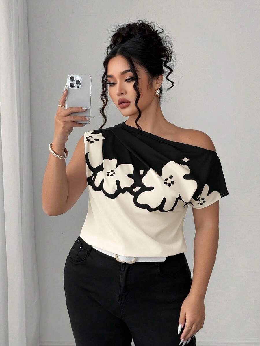 Elenzga Plus Size Women Holiday Floral Print Asymmetric Collar Ruched Blouse - Multicolor - View 1