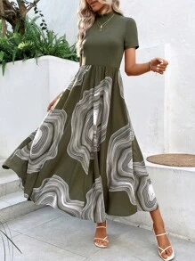 SHEIN Tall Summer New European And American Fashion Elegant Round Neck Short Sleeve Patchwork Print Flare Hem Dress For Women, Tall Women - Multicolor - View 3