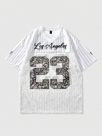 Prep Sweat-shirt à col en V blanc avec imprimé cursif "Los Angeles" et grand numéro noir "23" sur la poitrine