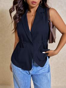 Elaquor Plus Size Women's Solid Color Irregular Lapel Double Pocket Sleeveless Blazer
