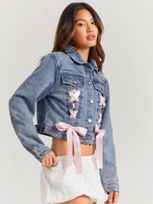 WESTFADE Spring Western Cowgirl Lace Up Cute Bow Tie Front Collared Button Front Long Sleeve Denim Trucker Jacket - Medium Wash - View 3
