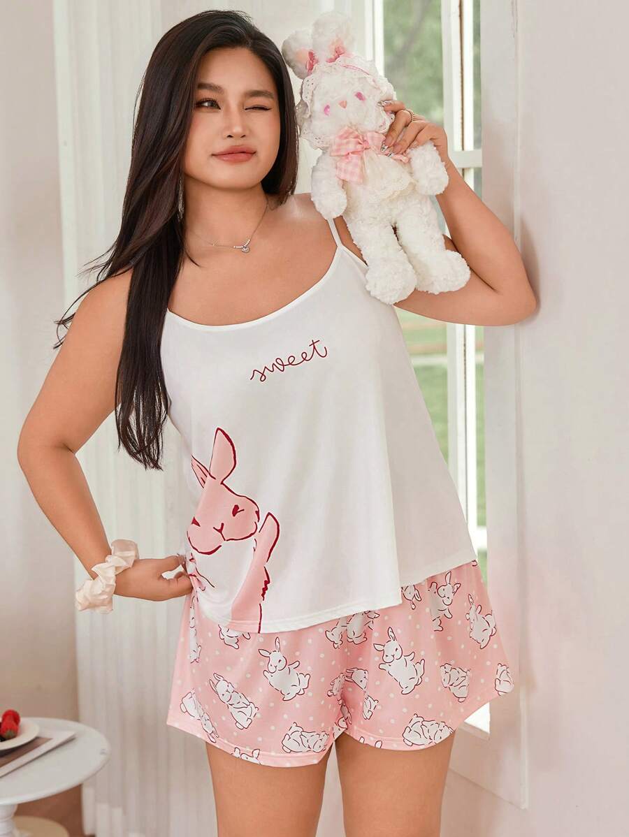 SHEIN 大码可爱卡通兔子印花吊带背心和短裤睡衣套装、服装