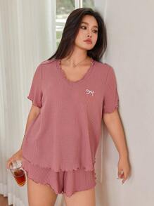 SHEIN Sweet Ruffle Trim Bowknot Embroidery Casual Pajama Set