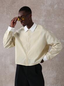 SUMWON Luxurious Striped Button Down Casual Shirt Classic Business Office Long Sleeve Spring Summer Smart Professional Collared Menswear - Yellow - View 7