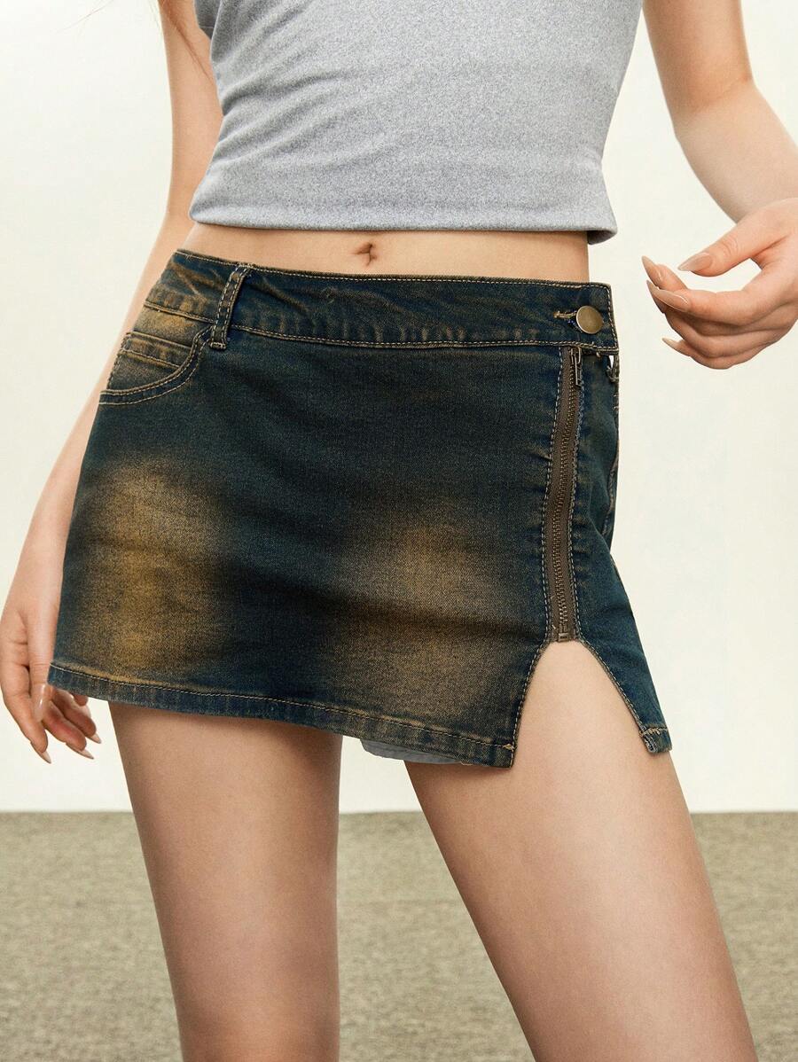 Rina Fox Falda vaquera de verano casual para mujer con abertura lateral y cremallera - Azul lavado medio - Ver 1