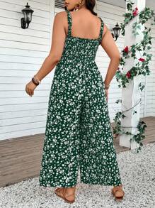 SHEIN VCAY 大码女式碎花吊带连体裤，休闲度假风女式夏季套装，女式夏季服装连衣裙，女式夏季服装，女式工作夏季连衣裙 - 綠色 - 查看 2