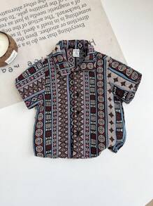 SHEIN LMoss Kids Baby Boy Cute Versatile Geometric Pattern Short Sleeve Shirt, Summer - Multicolor - View 2