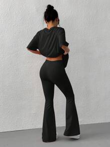 SHEIN EZwear Black Knitted Letter Embroidered Flare Pants Set - Black - View 2