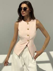 Aloruh Modern Sleeveless Fitted Waist Slim Round Neck Blazer In Fall/Winter - Baby Pink - View 3