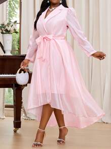 Fleurora 春夏休闲优雅波西米亚风大码女式通勤圆领波浪领口紧身印花中长大码连衣裙 - 粉色 - 查看 5